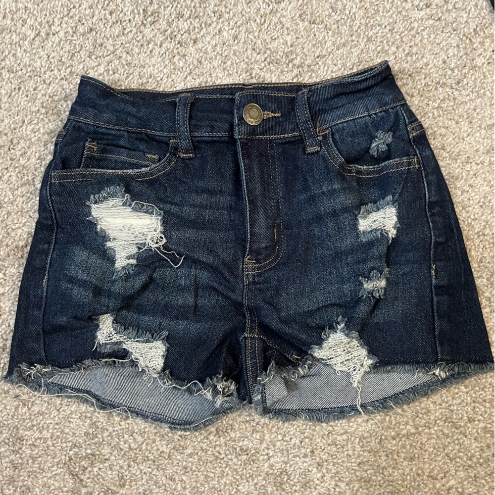 SO Highwaisted Distressed Dark Wash Blue Jean Shorts